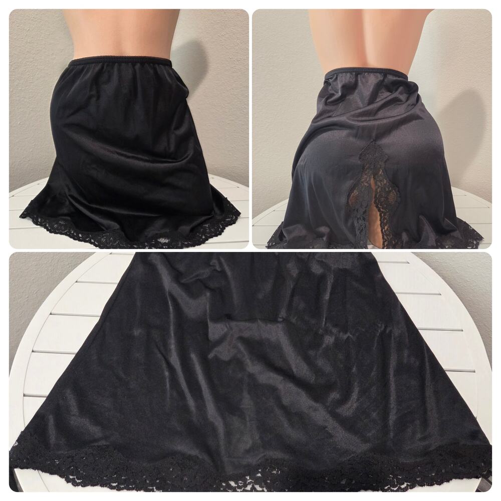 Mel-Lin Vintage Nylon Half Slip Lace Trim Back Slit Black Size XL RN 53167